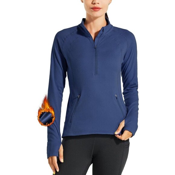 Women's Fleece Running Jacket Long Sleeve Thermal Pullover with Zippered Pockets
